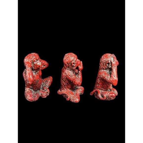 VTG Three Wise Monkey 5" See Hear Speak No Evil 3 Red Resin Quality Figurines - Picture 2 of 9